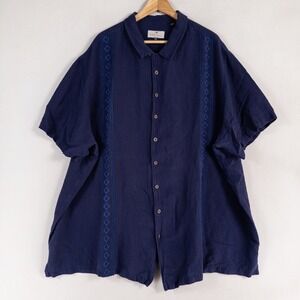 Oak Hill Shirt Men 4XLT Blue Linen Embroidered Cuban Cigar Bowling Tropical Camp